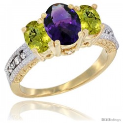 10K Yellow Gold Ladies Oval Natural Amethyst 3-Stone Ring with Lemon Quartz Sides Diamond Accent