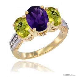 10K Yellow Gold Ladies 3-Stone Oval Natural Amethyst Ring with Lemon Quartz Sides Diamond Accent