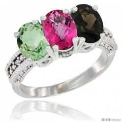 14K White Gold Natural Green Amethyst, Pink Topaz & Smoky Topaz Ring 3-Stone 7x5 mm Oval Diamond Accent