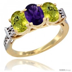 10K Yellow Gold Natural Amethyst & Lemon Quartz Sides Ring 3-Stone Oval 7x5 mm Diamond Accent