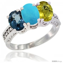 14K White Gold Natural London Blue Topaz, Turquoise & Lemon Quartz Ring 3-Stone 7x5 mm Oval Diamond Accent