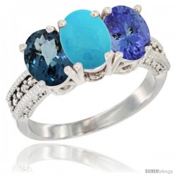 14K White Gold Natural London Blue Topaz, Turquoise & Tanzanite Ring 3-Stone 7x5 mm Oval Diamond Accent