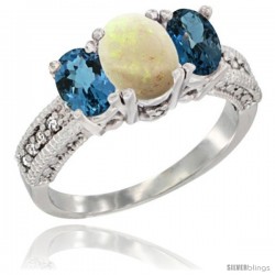 14k White Gold Ladies Oval Natural Opal 3-Stone Ring with London Blue Topaz Sides Diamond Accent