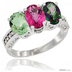 14K White Gold Natural Green Amethyst, Pink Topaz & Mystic Topaz Ring 3-Stone 7x5 mm Oval Diamond Accent