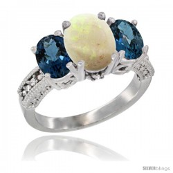 14K White Gold Ladies 3-Stone Oval Natural Opal Ring with London Blue Topaz Sides Diamond Accent