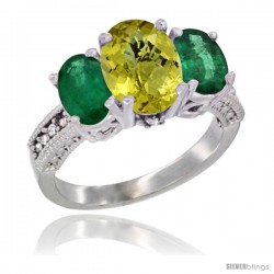 14K White Gold Ladies 3-Stone Oval Natural Lemon Quartz Ring with Emerald Sides Diamond Accent