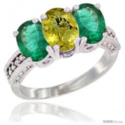 14K White Gold Natural Lemon Quartz & Emerald Sides Ring 3-Stone 7x5 mm Oval Diamond Accent