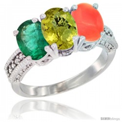 14K White Gold Natural Emerald, Lemon Quartz & Coral Ring 3-Stone 7x5 mm Oval Diamond Accent