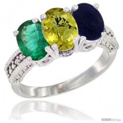 14K White Gold Natural Emerald, Lemon Quartz & Lapis Ring 3-Stone 7x5 mm Oval Diamond Accent