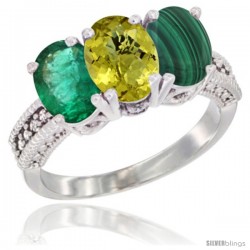 14K White Gold Natural Emerald, Lemon Quartz & Malachite Ring 3-Stone 7x5 mm Oval Diamond Accent