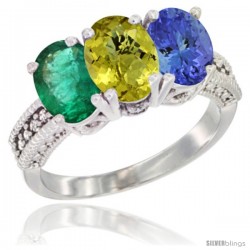 14K White Gold Natural Emerald, Lemon Quartz & Tanzanite Ring 3-Stone 7x5 mm Oval Diamond Accent