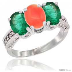 14K White Gold Natural Coral & Emerald Sides Ring 3-Stone 7x5 mm Oval Diamond Accent