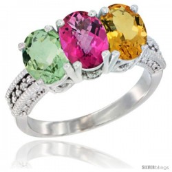 14K White Gold Natural Green Amethyst, Pink Topaz & Citrine Ring 3-Stone 7x5 mm Oval Diamond Accent