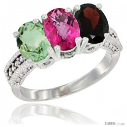 14K White Gold Natural Green Amethyst, Pink Topaz & Garnet Ring 3-Stone 7x5 mm Oval Diamond Accent