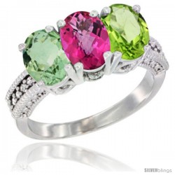 14K White Gold Natural Green Amethyst, Pink Topaz & Peridot Ring 3-Stone 7x5 mm Oval Diamond Accent