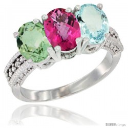 14K White Gold Natural Green Amethyst, Pink Topaz & Aquamarine Ring 3-Stone 7x5 mm Oval Diamond Accent