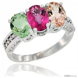 14K White Gold Natural Green Amethyst, Pink Topaz & Morganite Ring 3-Stone 7x5 mm Oval Diamond Accent