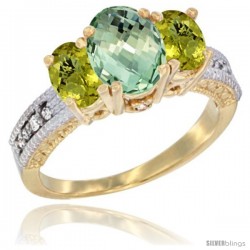 10K Yellow Gold Ladies Oval Natural Green Amethyst 3-Stone Ring with Lemon Quartz Sides Diamond Accent