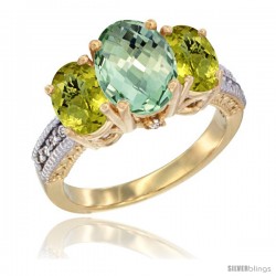 10K Yellow Gold Ladies 3-Stone Oval Natural Green Amethyst Ring with Lemon Quartz Sides Diamond Accent