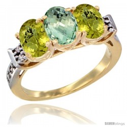 10K Yellow Gold Natural Green Amethyst & Lemon Quartz Sides Ring 3-Stone Oval 7x5 mm Diamond Accent