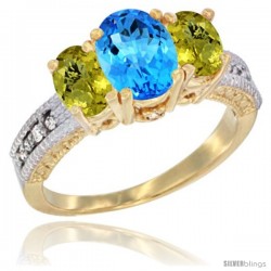 10K Yellow Gold Ladies Oval Natural Swiss Blue Topaz 3-Stone Ring with Lemon Quartz Sides Diamond Accent