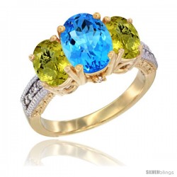 10K Yellow Gold Ladies 3-Stone Oval Natural Swiss Blue Topaz Ring with Lemon Quartz Sides Diamond Accent