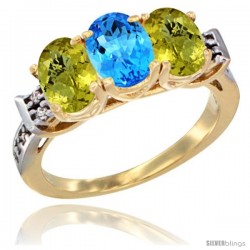 10K Yellow Gold Natural Swiss Blue Topaz & Lemon Quartz Sides Ring 3-Stone Oval 7x5 mm Diamond Accent