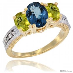 10K Yellow Gold Ladies Oval Natural London Blue Topaz 3-Stone Ring with Lemon Quartz Sides Diamond Accent