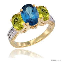 10K Yellow Gold Ladies 3-Stone Oval Natural London Blue Topaz Ring with Lemon Quartz Sides Diamond Accent