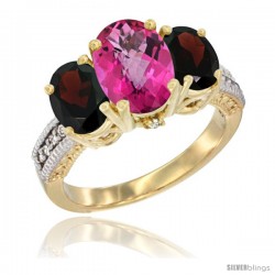 14K Yellow Gold Ladies 3-Stone Oval Natural Pink Topaz Ring with Garnet Sides Diamond Accent