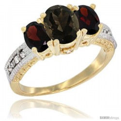 14k Yellow Gold Ladies Oval Natural Smoky Topaz 3-Stone Ring with Garnet Sides Diamond Accent