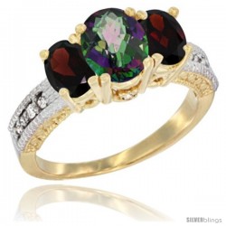 14k Yellow Gold Ladies Oval Natural Mystic Topaz 3-Stone Ring with Garnet Sides Diamond Accent