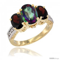 14K Yellow Gold Ladies 3-Stone Oval Natural Mystic Topaz Ring with Garnet Sides Diamond Accent