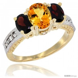 14k Yellow Gold Ladies Oval Natural Citrine 3-Stone Ring with Garnet Sides Diamond Accent