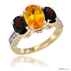 14K Yellow Gold Ladies 3-Stone Oval Natural Citrine Ring with Garnet Sides Diamond Accent