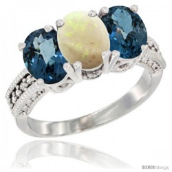 14K White Gold Natural Opal & London Blue Topaz Sides Ring 3-Stone 7x5 mm Oval Diamond Accent