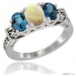 14K White Gold Natural Opal & London Blue Ring 3-Stone Oval with Diamond Accent