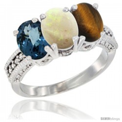 14K White Gold Natural London Blue Topaz, Opal & Tiger Eye Ring 3-Stone 7x5 mm Oval Diamond Accent