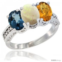 14K White Gold Natural London Blue Topaz, Opal & Whisky Quartz Ring 3-Stone 7x5 mm Oval Diamond Accent