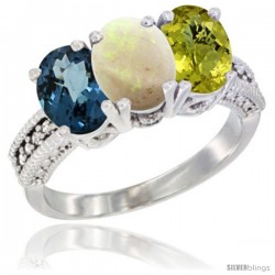 14K White Gold Natural London Blue Topaz, Opal & Lemon Quartz Ring 3-Stone 7x5 mm Oval Diamond Accent