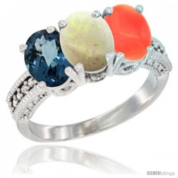 14K White Gold Natural London Blue Topaz, Opal & Coral Ring 3-Stone 7x5 mm Oval Diamond Accent