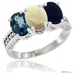 14K White Gold Natural London Blue Topaz, Opal & Lapis Ring 3-Stone 7x5 mm Oval Diamond Accent