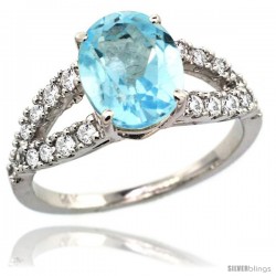 14k White Gold Sky Blue Topaz Engagement Ring 3.10 Carats Oval Cut Stone 0.35 cttw Diamonds, 3/8inch.