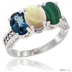 14K White Gold Natural London Blue Topaz, Opal & Malachite Ring 3-Stone 7x5 mm Oval Diamond Accent