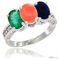 14K White Gold Natural Emerald, Coral & Lapis Ring 3-Stone 7x5 mm Oval Diamond Accent