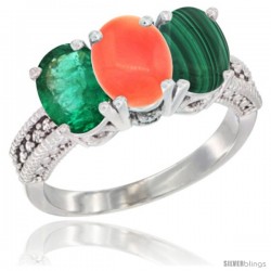 14K White Gold Natural Emerald, Coral & Malachite Ring 3-Stone 7x5 mm Oval Diamond Accent