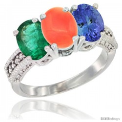 14K White Gold Natural Emerald, Coral & Tanzanite Ring 3-Stone 7x5 mm Oval Diamond Accent