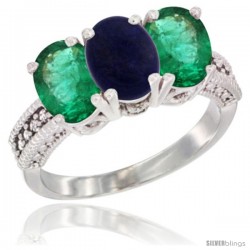 14K White Gold Natural Lapis & Emerald Sides Ring 3-Stone 7x5 mm Oval Diamond Accent