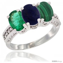 14K White Gold Natural Emerald, Lapis & Malachite Ring 3-Stone 7x5 mm Oval Diamond Accent