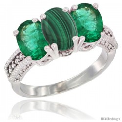 14K White Gold Natural Malachite & Emerald Sides Ring 3-Stone 7x5 mm Oval Diamond Accent